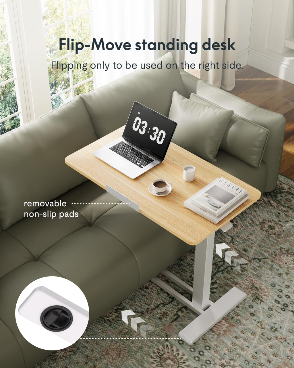 H7 PRO Mobile Standing Desk Adjustable Overbed Table Pneumatic with Wheels 90°Tiltable Portable Laptop Desk Rolling Computer Cart Foldable Bedside Table(31.5" W x 17.7" D D, Maple)