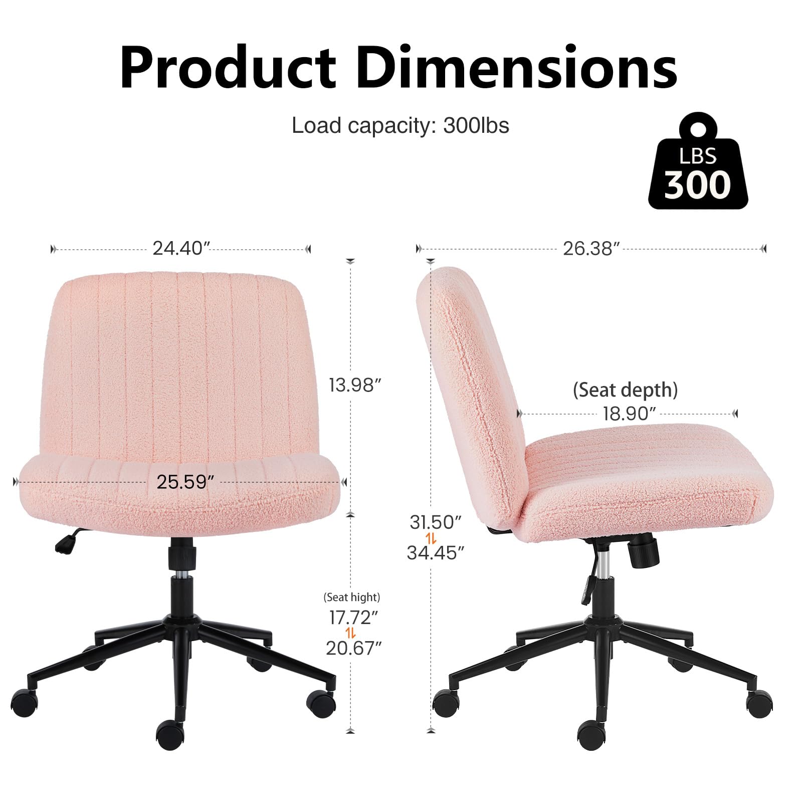 Criss Cross Chair with Wheels Wide Cross Legged Office Desk Vanity Chair Comfy Fabric Armless Adjustable Swivel for Home Computer Task Teddy Pink