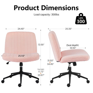 Criss Cross Chair with Wheels Wide Cross Legged Office Desk Vanity Chair Comfy Fabric Armless Adjustable Swivel for Home Computer Task Teddy Pink
