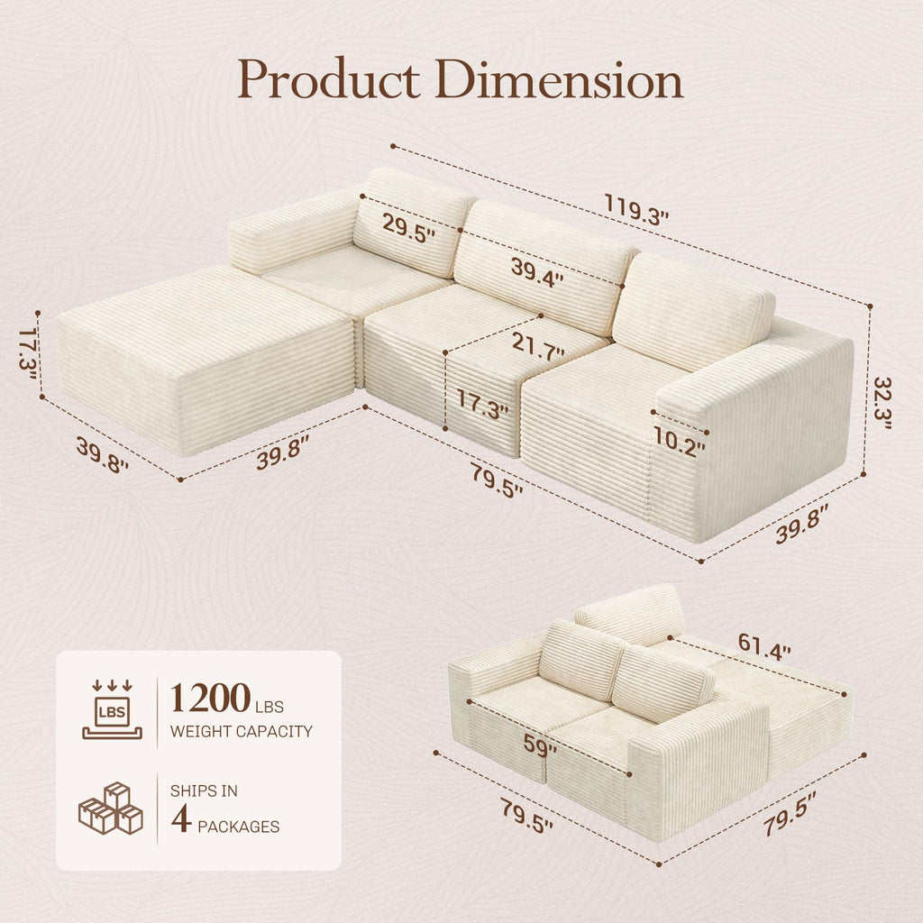 119" L-Shaped Modular Sectional Sofa, Corduroy Cloud Couch with Deep Seating & Spring Support, Flexible Layout Sofa with Ottoman, Boneless Style, No Assembly Required, Beige