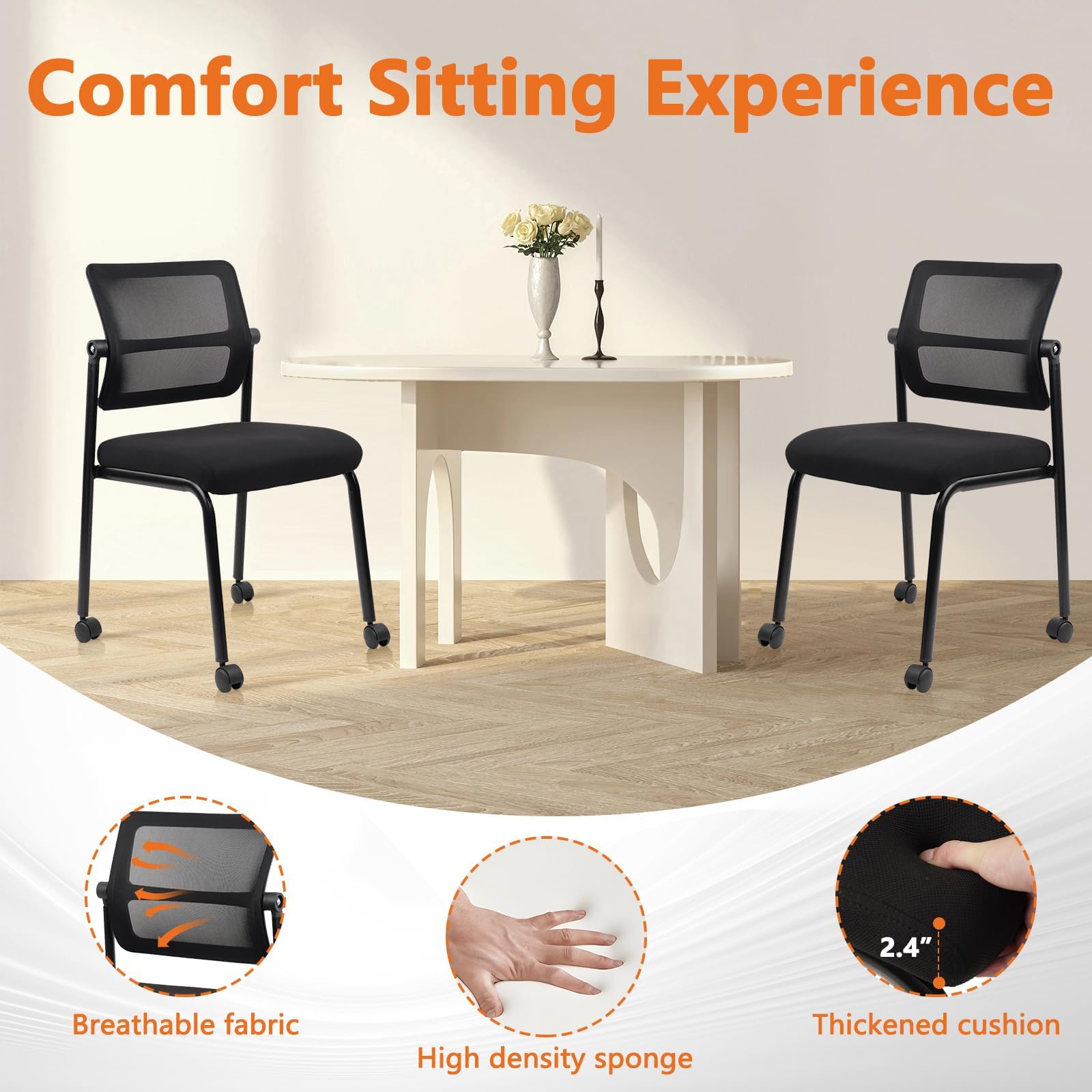 Stacking Chairs 8 PK, Adjustable Backrest Stackable Mesh Office Waiting Room Armless Chair with Wheels for Guest Reception Conference Lobby Side School, Black