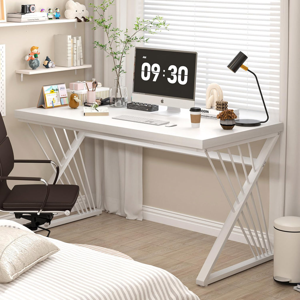 White Desk, Modern Wood and Metal Computer Desk for Home Office, Simple Writing Work PC Desks for Bedroom, Industrial Study Gaming Table for Living Room, White, 47 Inch
