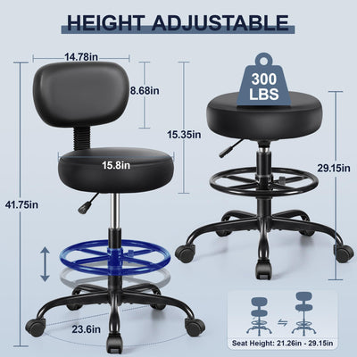 Pack of 10, Drafting Chair with Backrest – Adjustable Foot Rest Rolling Stool with Wheels, PU Leather Swivel Stool for Office Spa Studio Lab Counter Salon Home Work Bar Kitchen Shop(Black),