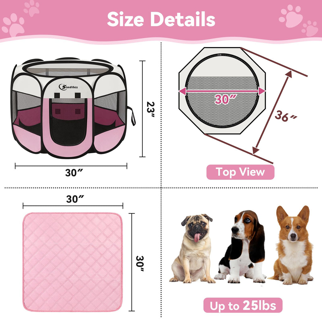 Dog Cat Playpen, Puppy Pet Playpen Indoor for Dog Crate Tent Cage Outdoor, Portable Pop Up Dogs Enclosure Kennel with Carrying Case for Dogs/Cats/Rabbits (Pink with Pad, Medium)