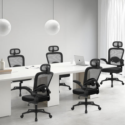 Home Office Desk Chair with Flip Up Armrests, Mesh Back Chair with Adjustable Height Lumbar Support and Headrest, Ergonomic Computer Task Chair for School, Conference, Black(8PK)