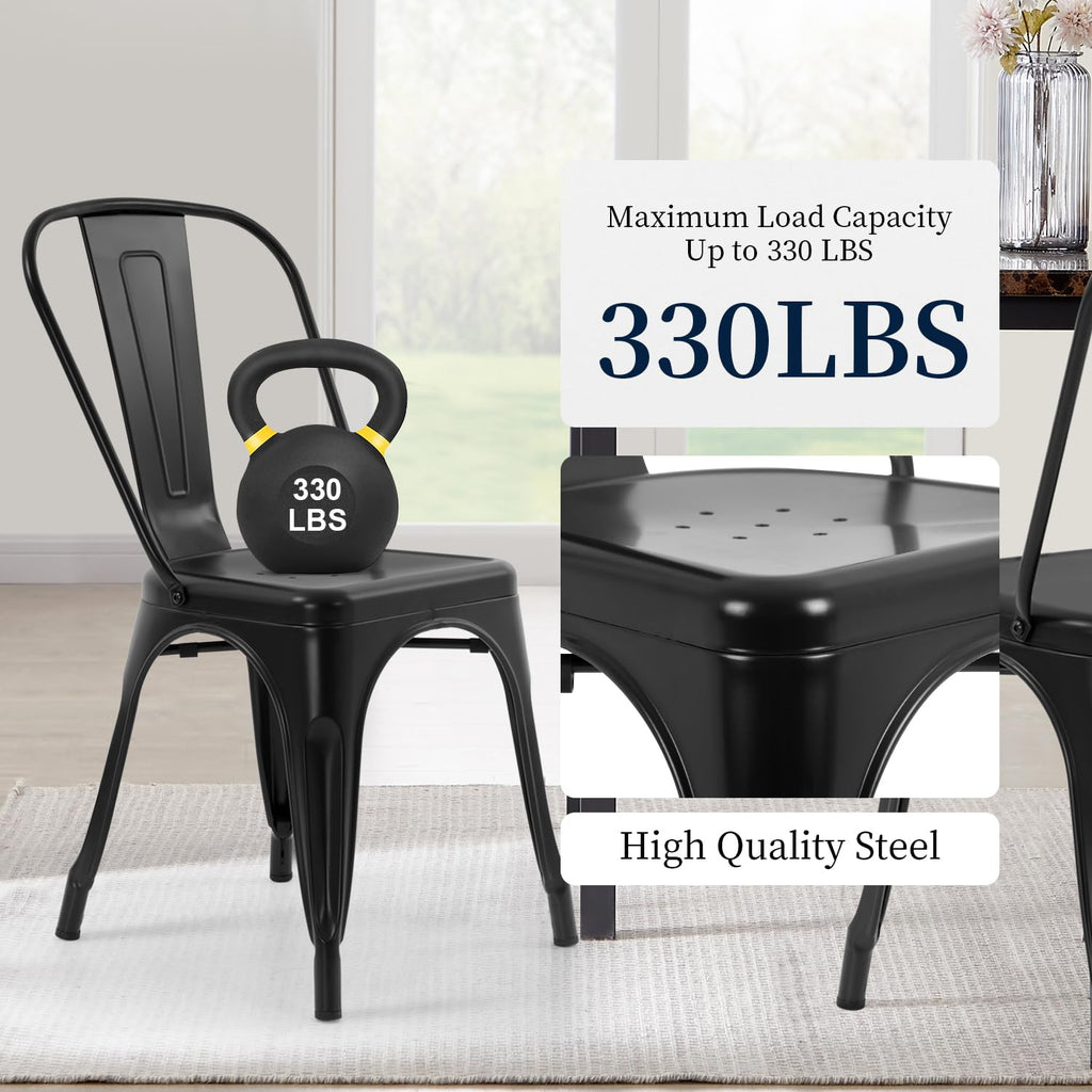 Metal Dining Chairs | Set of 4 | Black | Stackable Tolix Side Chairs with Backrest | Scratch-Resistant | Non-Slip Feet | Indoor/Outdoor Use | 330 lbs Capacity | for Kitchen & Restaurant