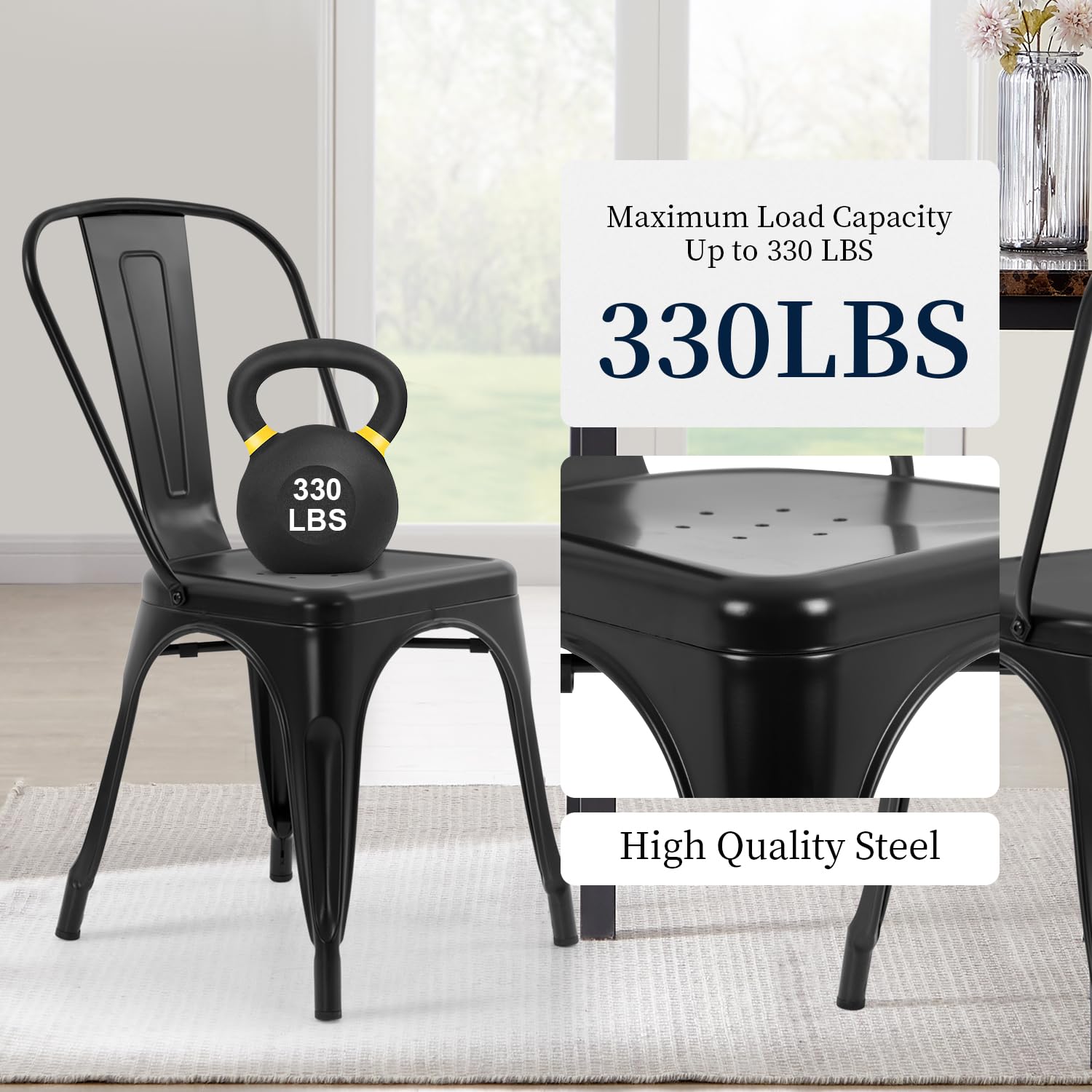 Metal Dining Chairs | Set of 4 | Black | Stackable Tolix Side Chairs with Backrest | Scratch-Resistant | Non-Slip Feet | Indoor/Outdoor Use | 330 lbs Capacity | for Kitchen & Restaurant