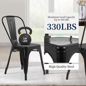 Metal Dining Chairs | Set of 4 | Black | Stackable Tolix Side Chairs with Backrest | Scratch-Resistant | Non-Slip Feet | Indoor/Outdoor Use | 330 lbs Capacity | for Kitchen & Restaurant