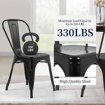 Metal Dining Chairs | Set of 4 | Black | Stackable Tolix Side Chairs with Backrest | Scratch-Resistant | Non-Slip Feet | Indoor/Outdoor Use | 330 lbs Capacity | for Kitchen & Restaurant