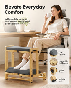 Double Step Foot Rest for Under Desk, 4 Adjustable Heights Bamboo Under Desk footrest with Soft Cushion, Dual-Layer Desk Foot Stool for Office Home Gaming, Natural Wood Foot Rests for Work