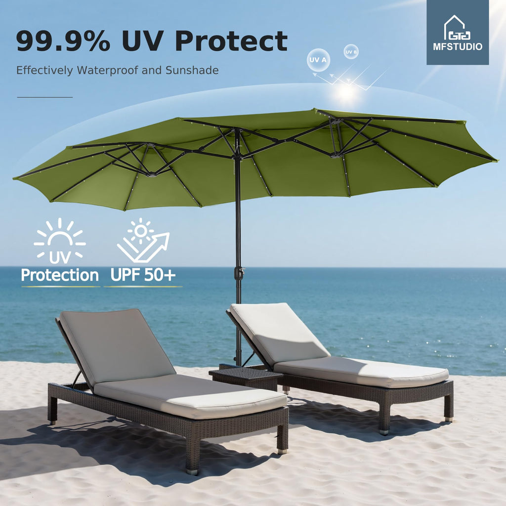 15ft Double Sided Patio Umbrella with Solar Lights, Outdoor Large Umbrellas with Crank Handle and 36 LED Lights, Rectangular Market Umbrella with Base Included for Deck Pool Shade, Lime Green