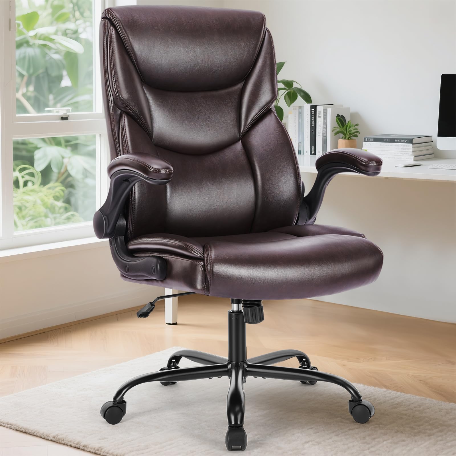 Set of 2, Ergonomic Computer Gaming Office Chair , Heavy Duty Task Desk Swivel Rolling Chairs with Wheels, Flip-up Arms, Adjustable Height, PU Leather,Dark Brown
