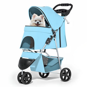 3 Wheels Pet Dog Cat Stroller for Small Medium Dogs Cats, Lightweight Foldable Jogger Stroller w/Storage Basket and Cup Holder, Mint Green