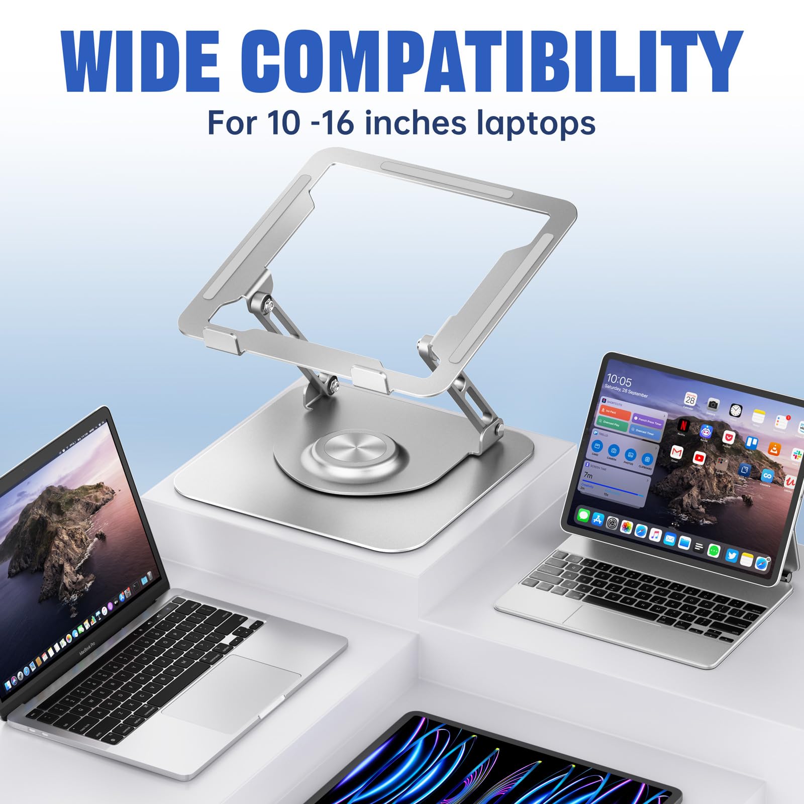 Laptop Stand for Desk, Adjustable Computer Stand with 360° Rotating Base, Ergonomic Laptop Riser for Collaborative Work, Foldable & Portable Laptop Stand, fits for All 10-16" Laptops