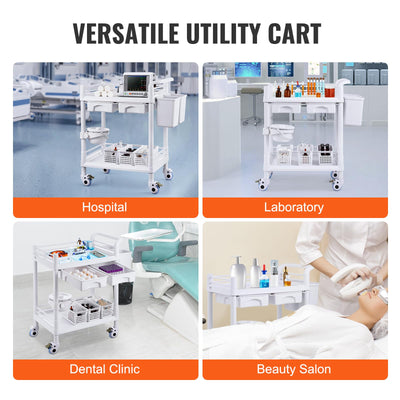 Medical Mobile Trolley Cart with 2 Drawers & 3 Trash Cans, 2 Tiers Beauty Salon Rolling Trolley with 4 Silent Wheels & 2 Dirts Bucket & Bowl, Medical Utility Cart for Hospital Dental Clinic Lab