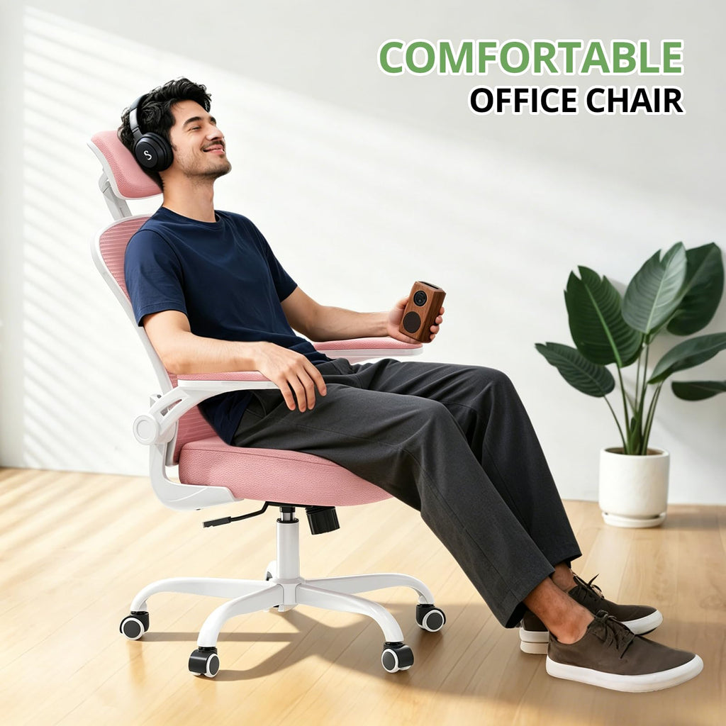 Office Chair Ergonomic Desk Chair, 330LBS Capacity, High Back Computer Design for Long Hours Comfort, Rolling Swivel Executive Task for Home Office with Flip-up Armrests, White Pink