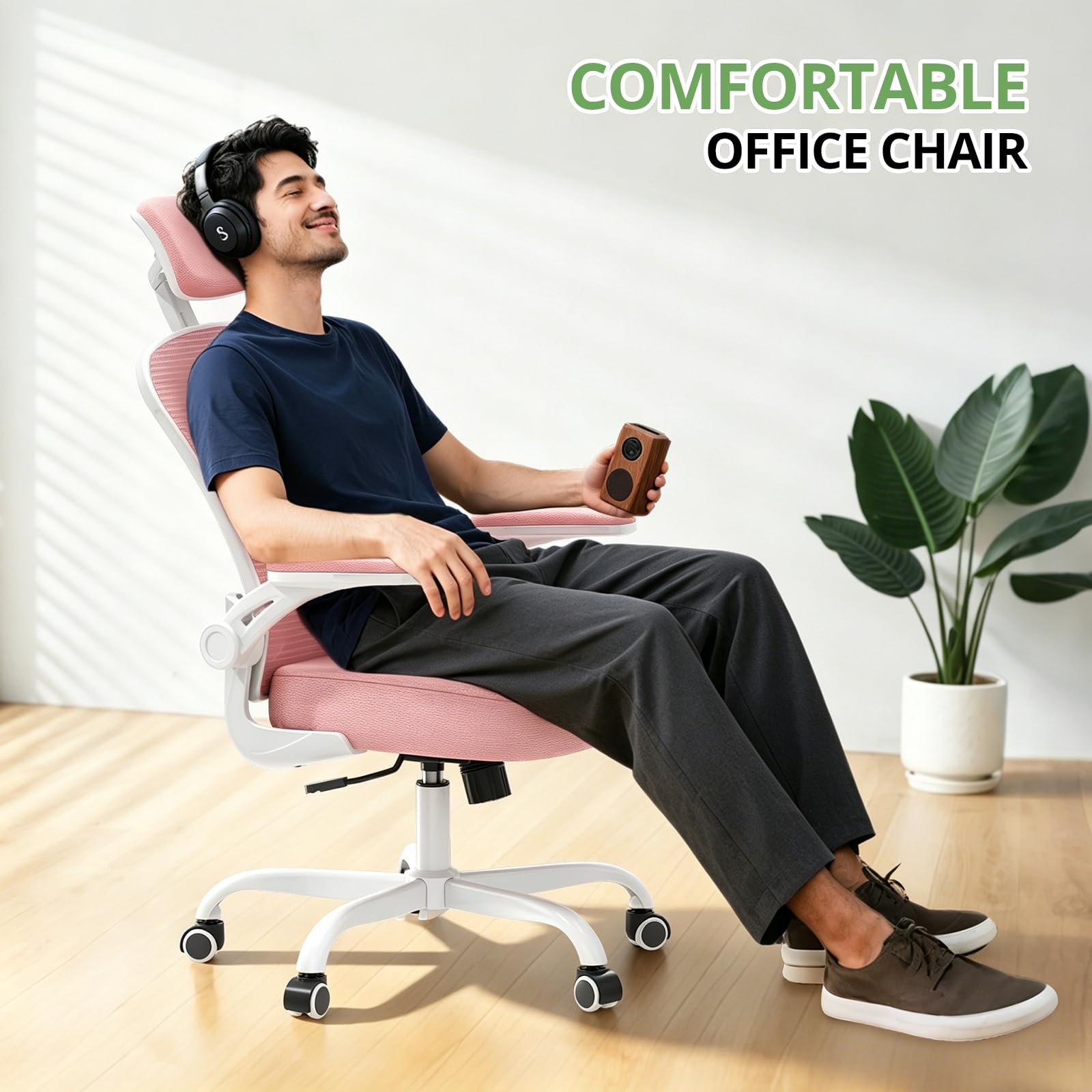 Office Chair Ergonomic Desk Chair, 330LBS Capacity, High Back Computer Design for Long Hours Comfort, Rolling Swivel Executive Task for Home Office with Flip-up Armrests, White Pink