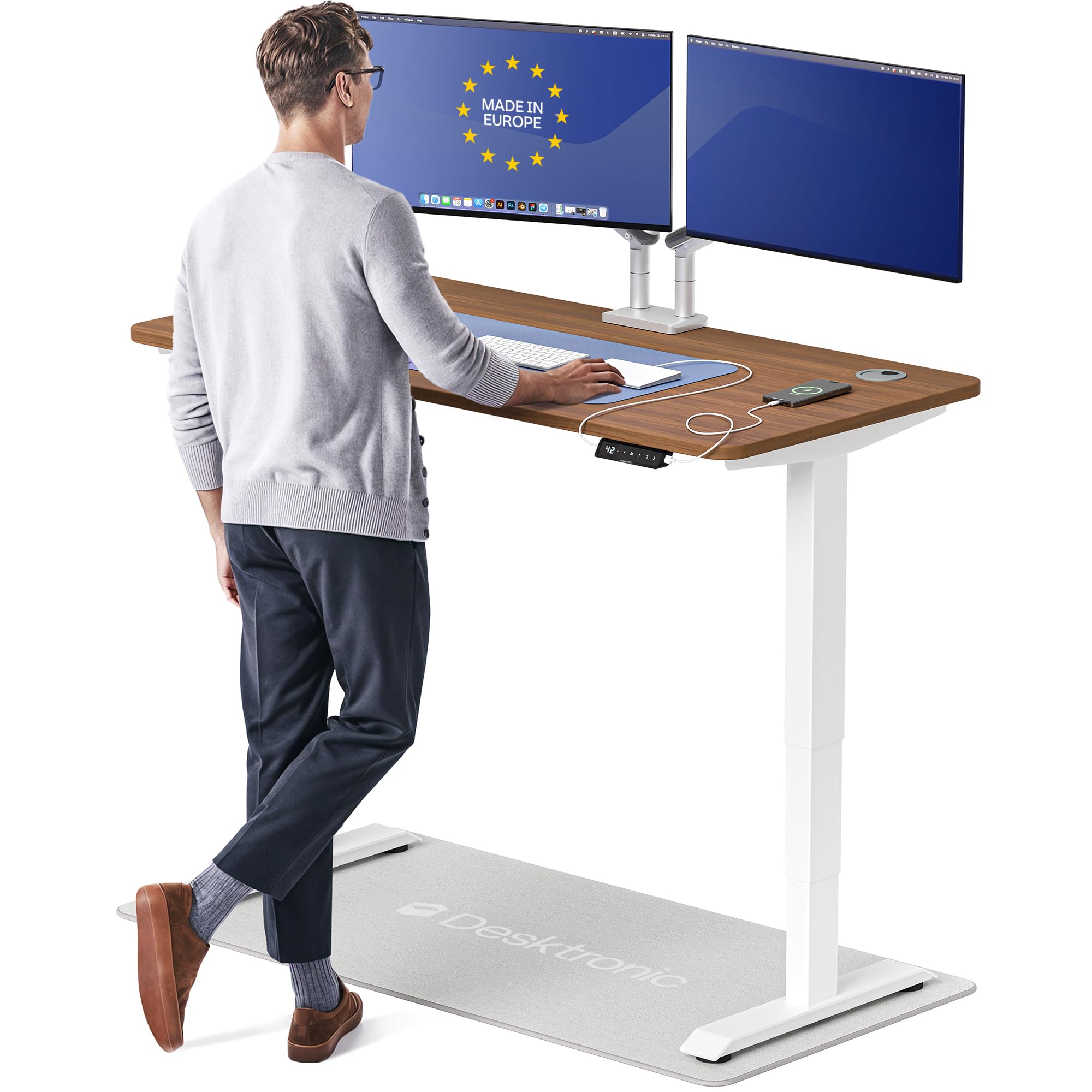 HomePro Standing Desk 54x28 — Made in Europe, Ergonomic Sit Stand Home Office Desk, Electric Height Adjustable, Dual Motor, USB & USB-C Charging, Wobble-Free, Touchscreen, 3 Memory Presets