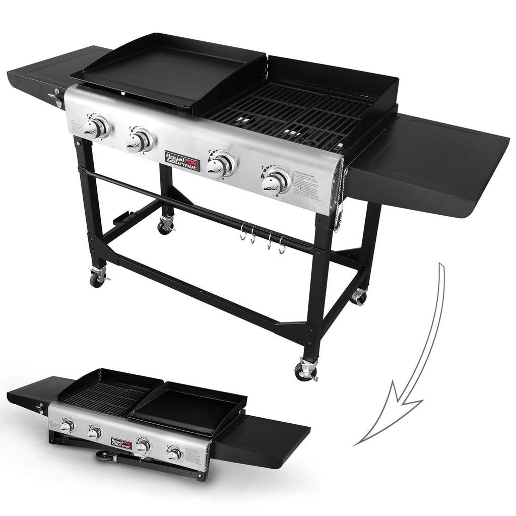 Portable Propane Gas Grill and Griddle Combo with Side Table | 4-Burner, Folding Legs,Versatile, Outdoor | Black 66 Inch