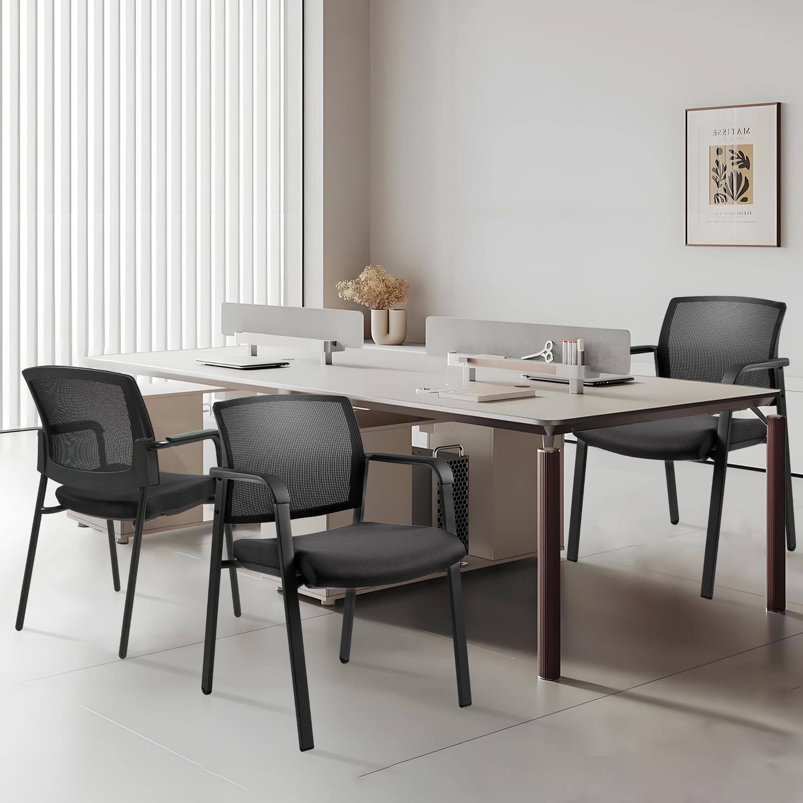 Black 4 Pack Set, Mesh Back Stacking Arm Chairs with Upholstered Fabric Seat and Ergonomic Lumber Support for Office School Church Guest Reception , New Version