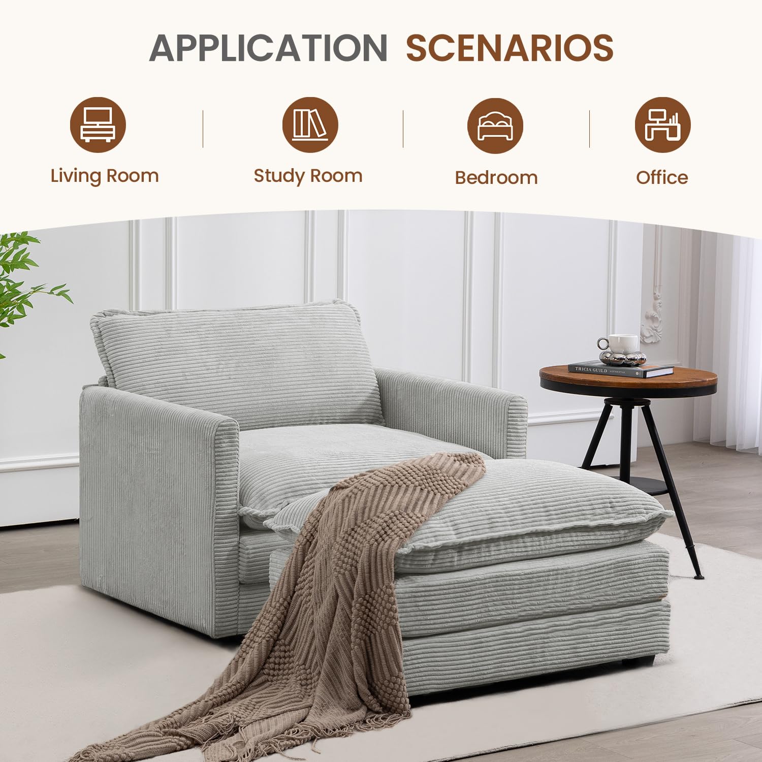 Single Armchair with Ottoman, Modern Corduroy Cloud Couch with Convertible Chaise, Upholstered Sofa Set for Living Room, Light Grey
