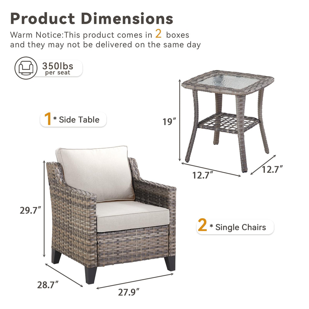 3 Pieces Patio Furniture Sets-Outdoor PE Rattan Wicker Chairs with Thickened Cushion and Glass Coffee Table,All Weather Patio Conversation Set for Garden Backyard Porch Deck Grey/Beige