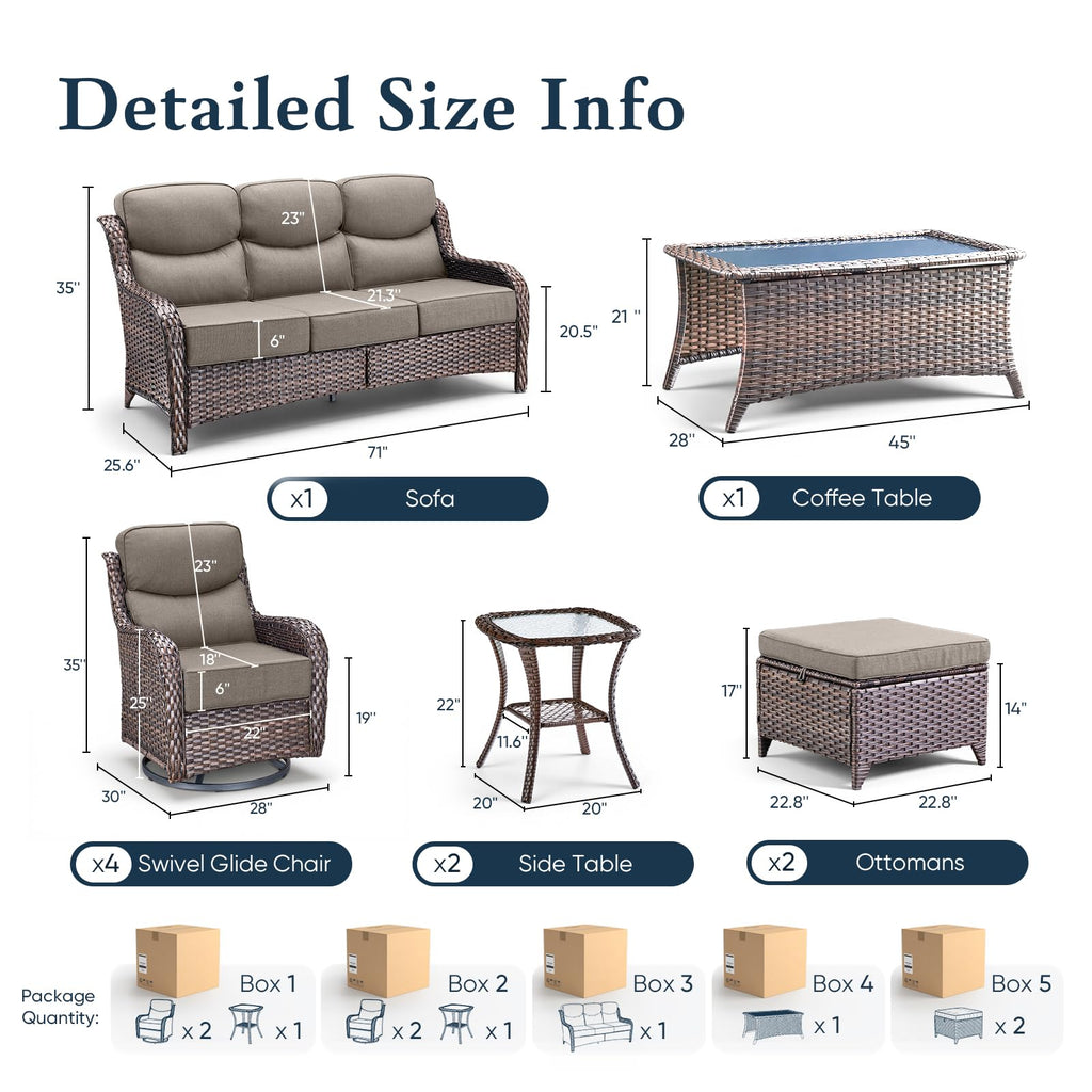 Luxury 6" Thick Cushioned 10 Pieces Patio Furniture Set with Outdoor Couch, Wicker Outdoor Conversation Set with High Back Swivel Rocker Chairs for Deck Porch Yard and Poolside - Brown+Grey