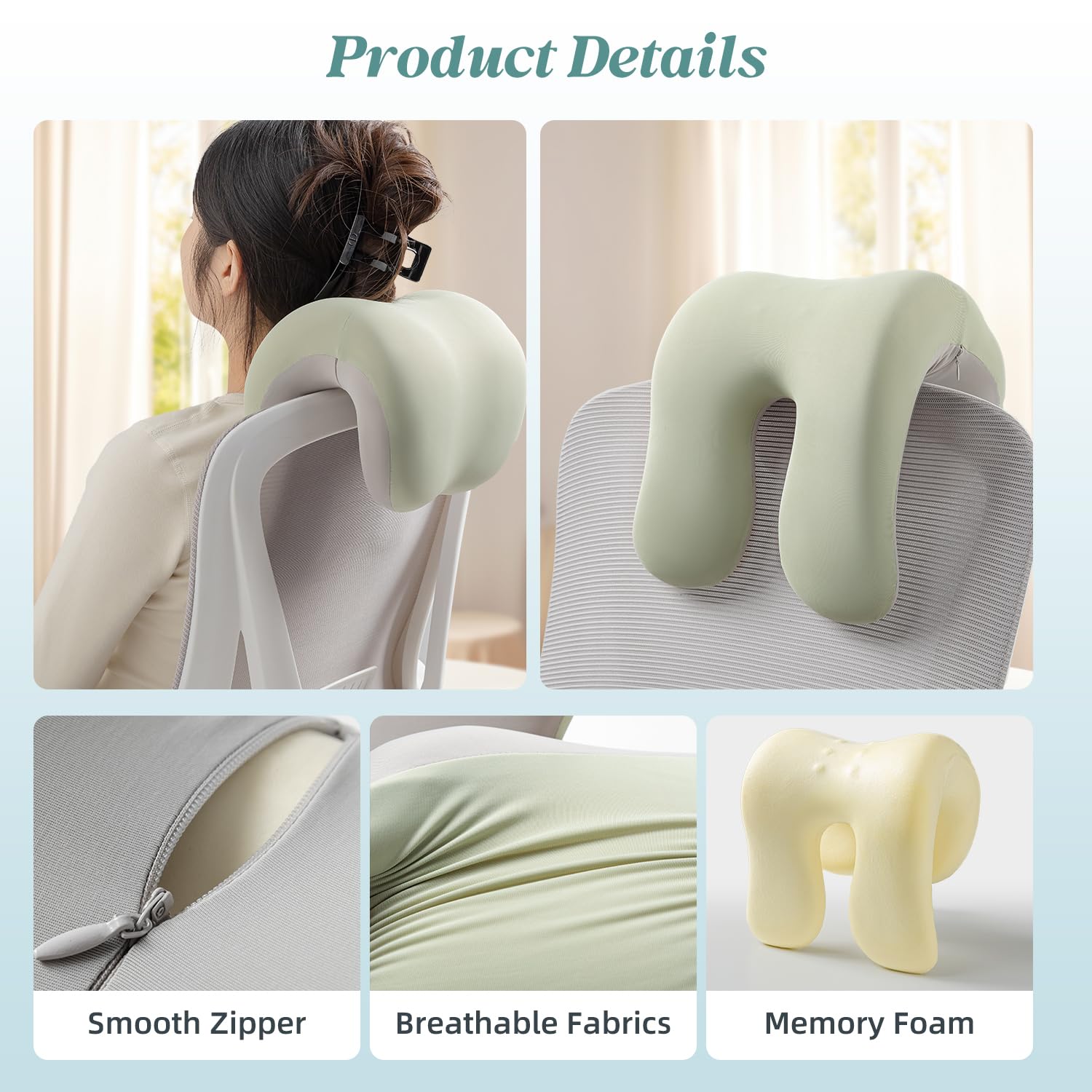Office Chair Neck Pillow, Memory Foam Ergonomic Nap Pillow Office Chair Headrest Accessory, Neck Support Pillow Ideal for Office and Gaming, Gray and Green