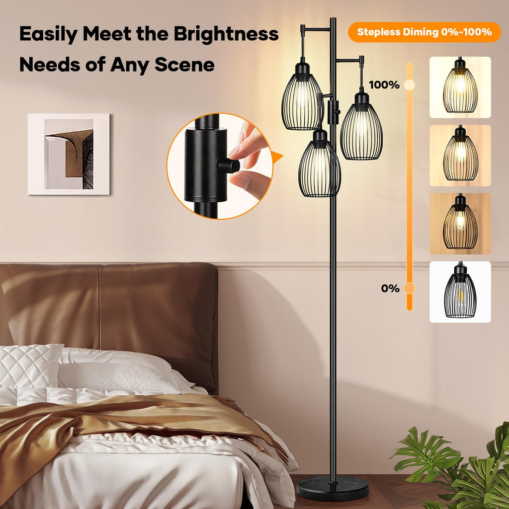 Dimmable Floor Lamp,3x800LM LED Bulbs Included, Farmhouse Industrial Floor Lamp Standing Tree Lamp with Teardrop Cage Head Tall Lamp for Living Room Bedroom Office Dining Room - Black & Marble Base