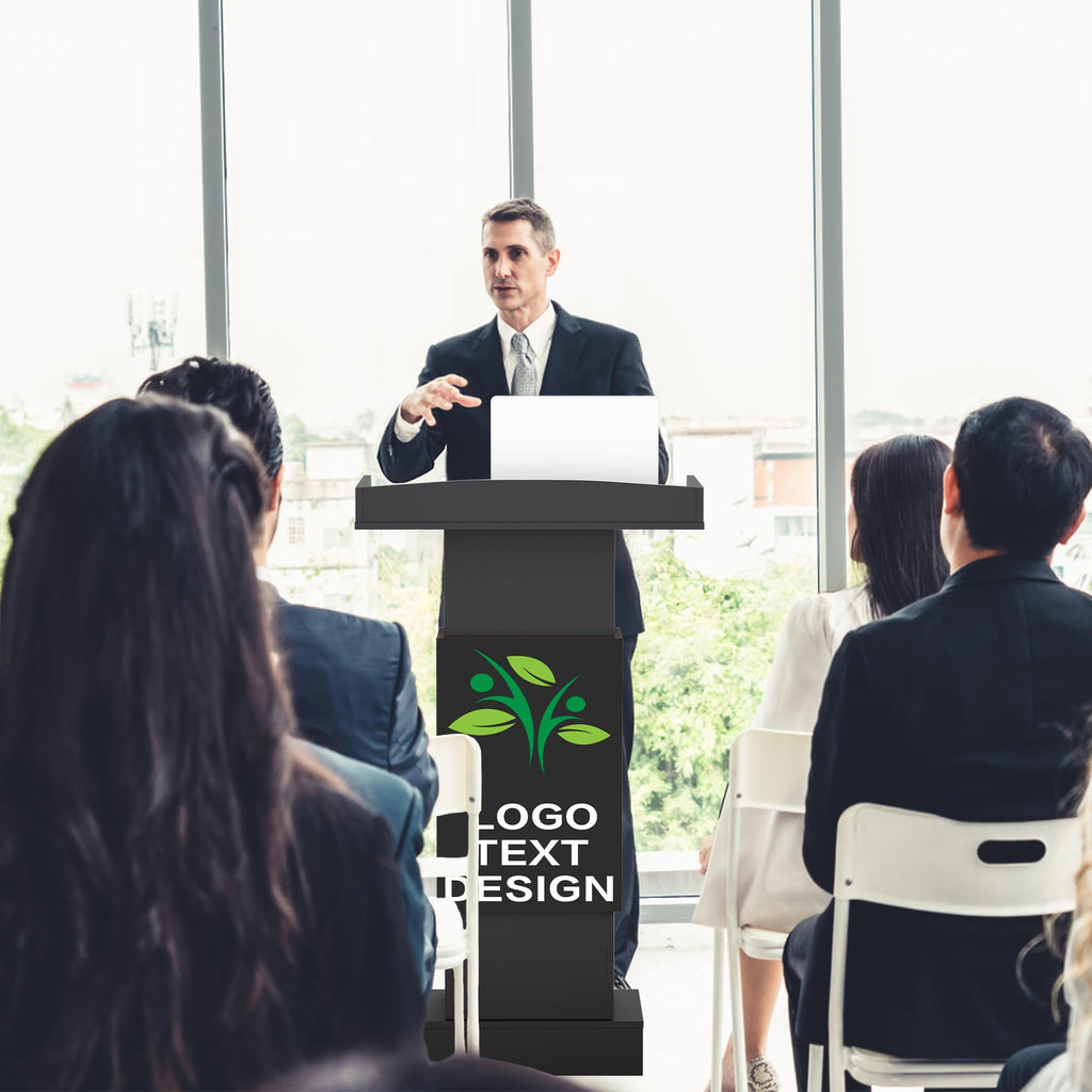 Customizable Logo & Text Podium,Wood Lectern Stand with Adjustable Partition,Church Pulpit with Storage,Mic Stand Space,Wooden Podium for Churches,Seminars and Schools