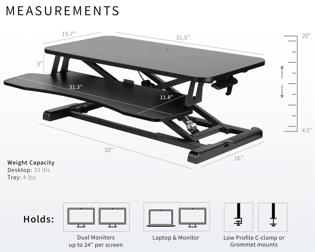 32 inch Carbon Fiber Desk Converter, K Series, Height Adjustable Sit to Stand Riser, Dual Monitor and Laptop Workstation with Wide Keyboard Tray, Black, DESK-V000KR