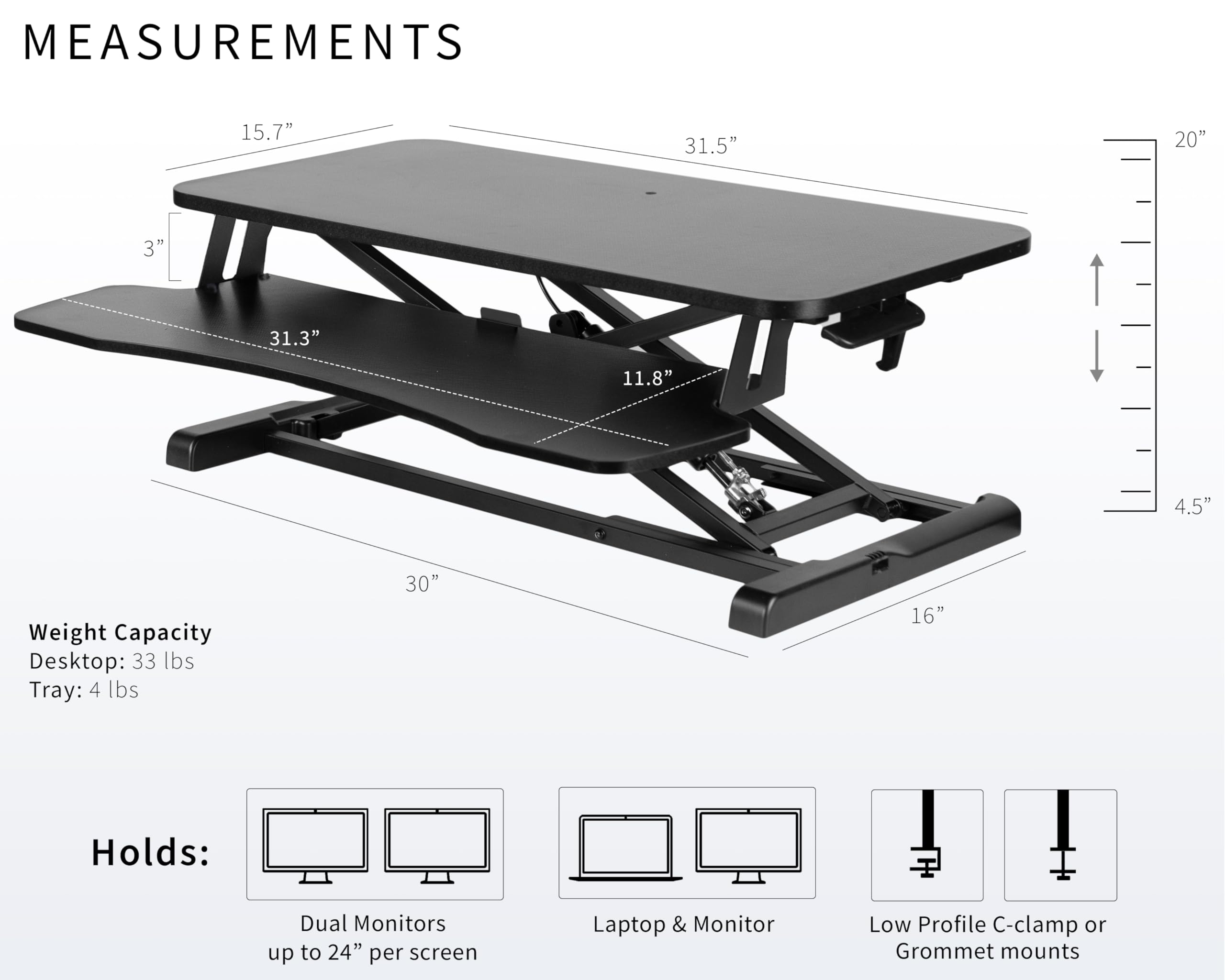 32 inch Carbon Fiber Desk Converter, K Series, Height Adjustable Sit to Stand Riser, Dual Monitor and Laptop Workstation with Wide Keyboard Tray, Black, DESK-V000KR
