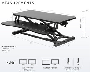 32 inch Carbon Fiber Desk Converter, K Series, Height Adjustable Sit to Stand Riser, Dual Monitor and Laptop Workstation with Wide Keyboard Tray, Black, DESK-V000KR