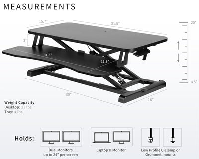 32 inch Carbon Fiber Desk Converter, K Series, Height Adjustable Sit to Stand Riser, Dual Monitor and Laptop Workstation with Wide Keyboard Tray, Black, DESK-V000KR