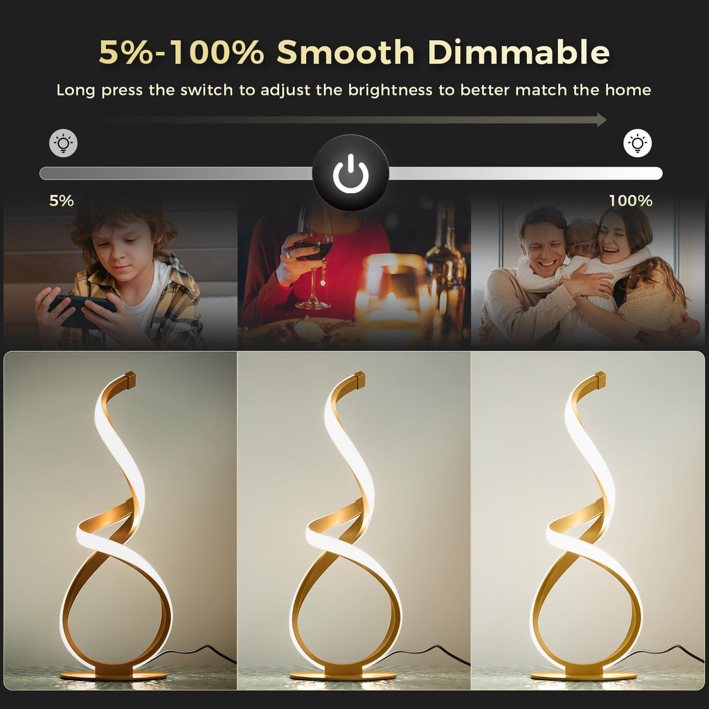 2 Pack Gold Cool Table Lamps, LED Spiral Desk Lights, Dimmable