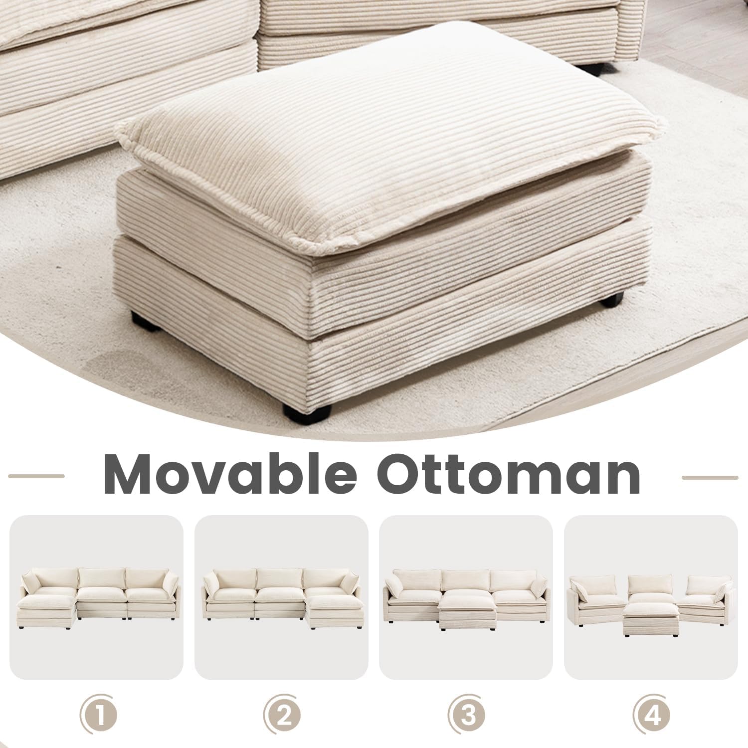 78'' Modular Sectional Cloud Couch with Movable Ottoman, 3 Seat Comfy Modern Corduroy Sofa with 2 Throw Pillows, Deep Seat L Shaped Couch for Living Room Bedroom Apartment, Beige