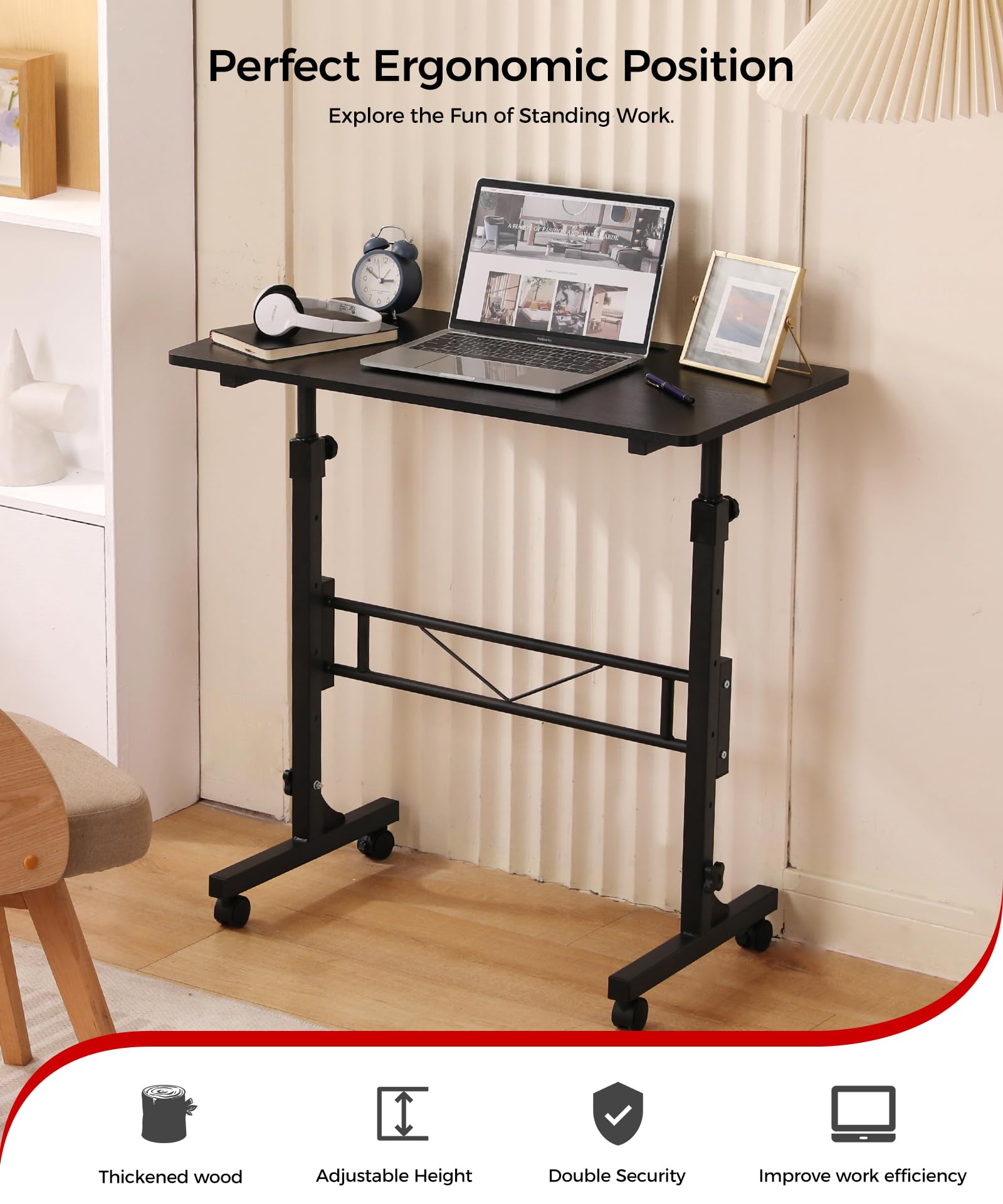Standing Desk Adjustable Height, Mobile Stand Up Desks with Wheels Small Computer Desk Rolling Desk, Portable Laptop Desk Black Standing Table Sit Stand Home Office Desks 16