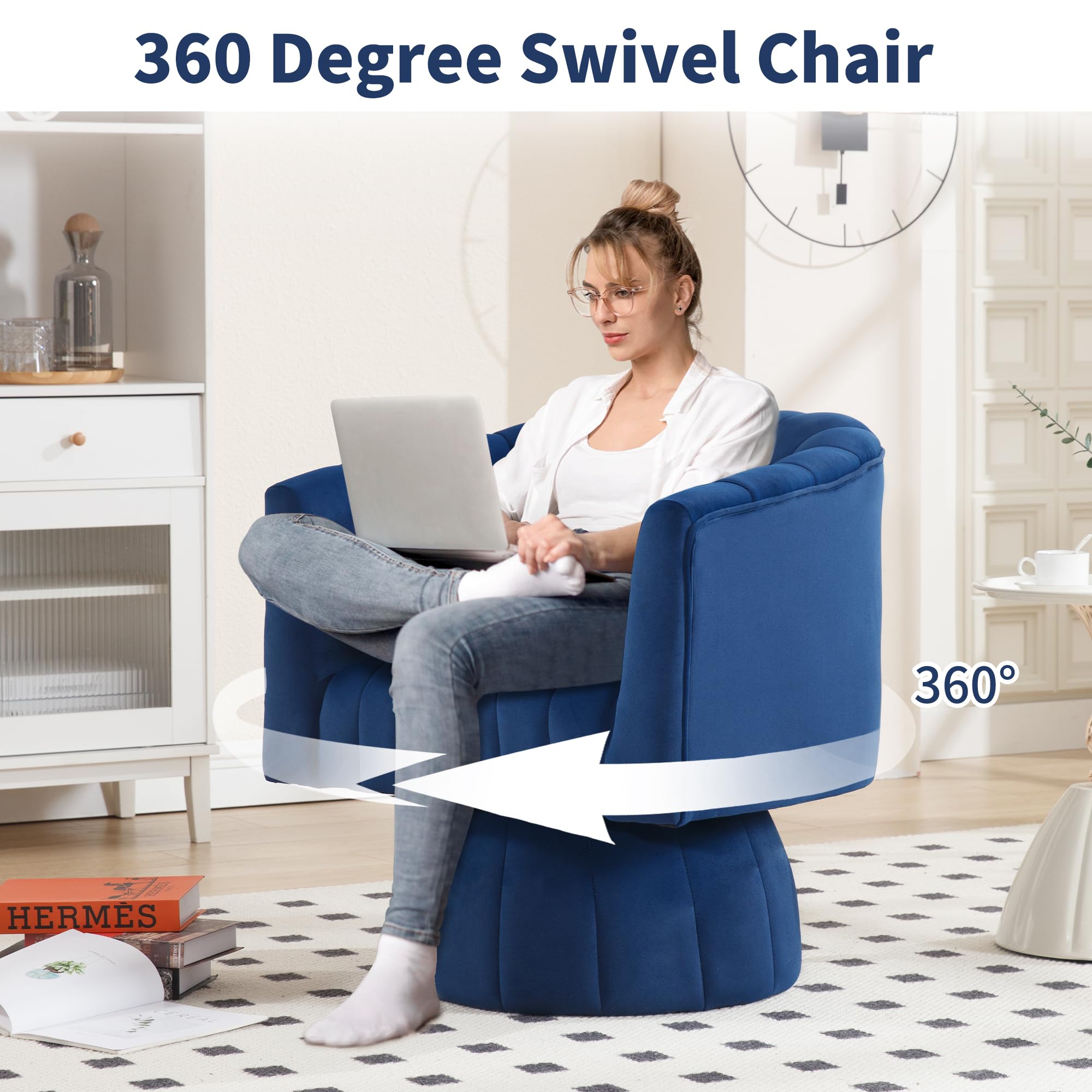 Swivel Accent Barrel Chair Set of 2- Cute Comfy Small Round Arm Chair Velvet Sofa Club Reading Chair for Living Room Bedroom Dark Blue