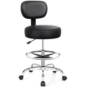 Drafting Chair with Backrest – Adjustable Foot Rest Rolling Stool with Wheels, PU Leather Swivel Stool for Office Spa Studio Lab Counter Salon Home Work Bar Kitchen Shop(Silver)