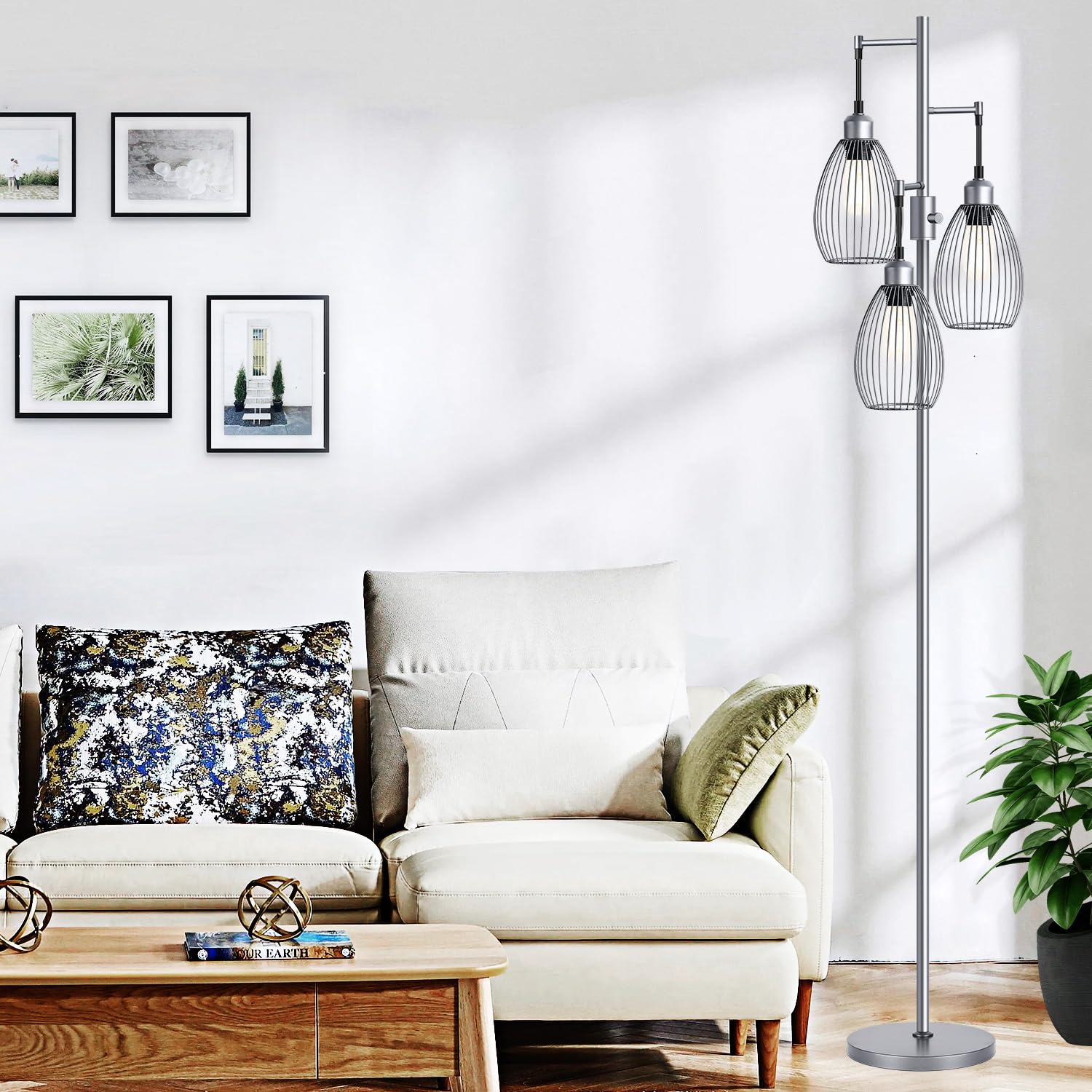Dimmable Floor Lamp, 3 x 800LM LED Edison Bulbs Included, Industrial Floor Lamp Standing Tree Lamp with Elegant Teardrop Cage Heads Tall Lamps for Living Room Bedroom-Grey