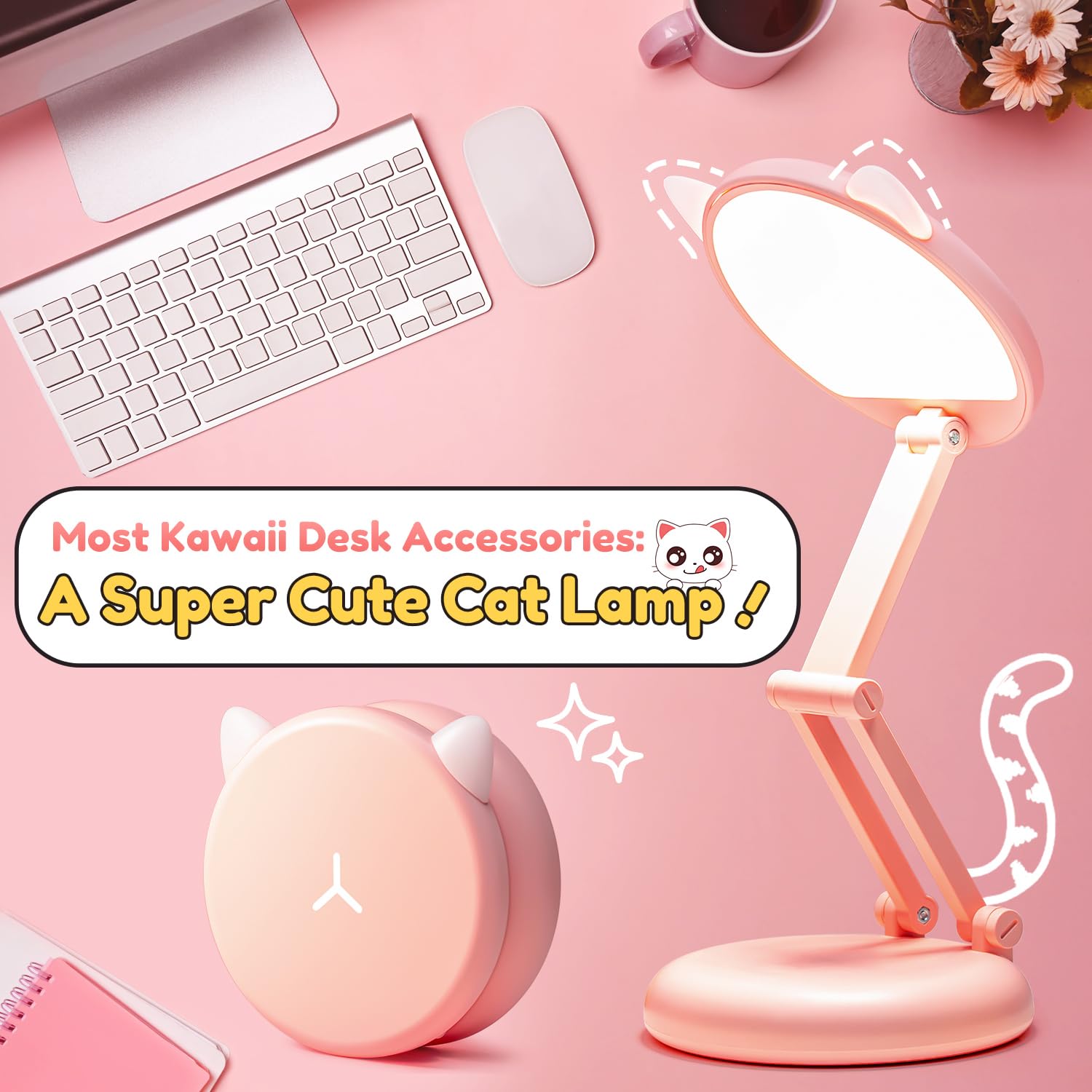 Cute Desk Lamp Pink Dorm Lamps for College Girls Foldable Portable Rechargeable Dimmable Cute Cat Lamp Kawaii Room Decor,College Dorm Decor for Girls Pink Classroom Essentials