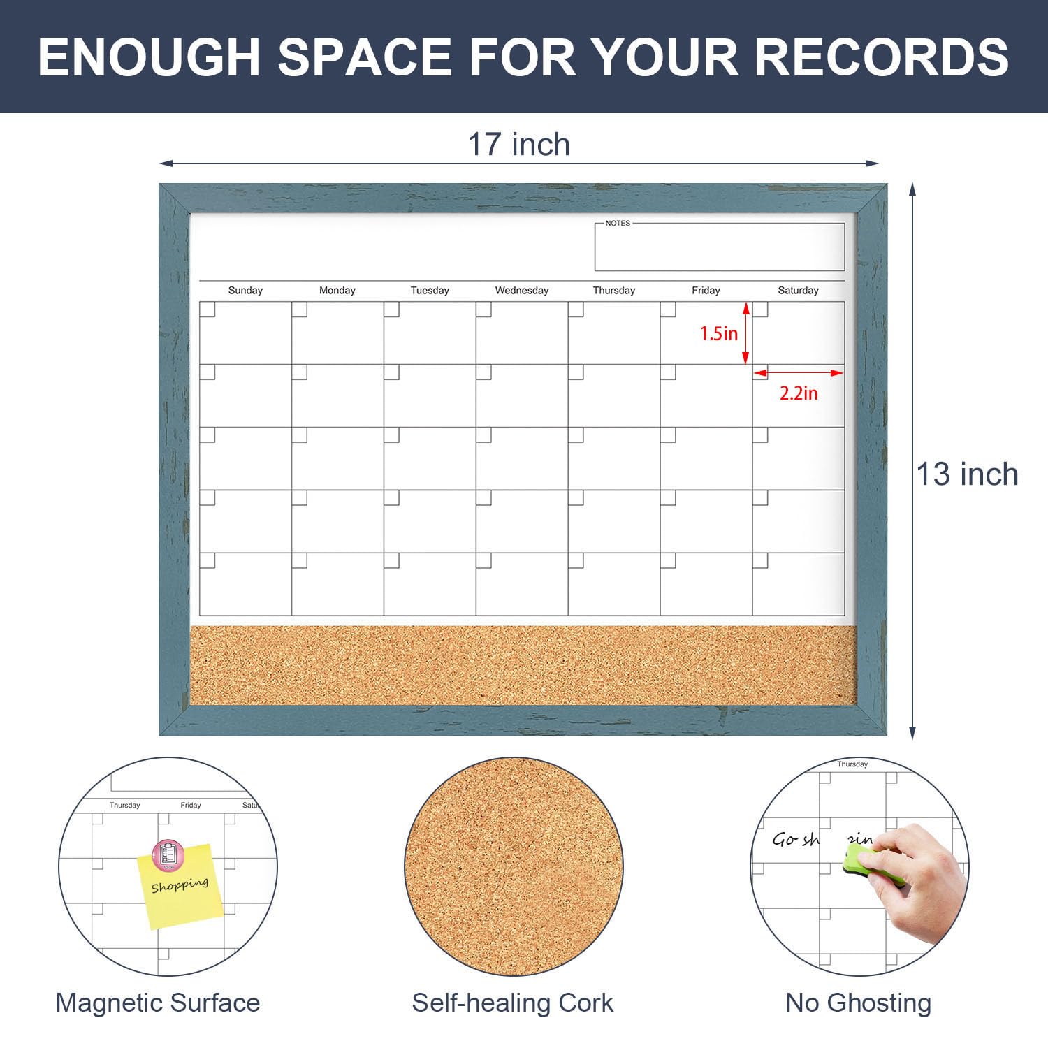 Whiteboard Calendar & Corkboard for Wall, 17x13 Inches Dry Erase Monthly Calendar with Wood Framed, Magnetic White Board Cork Board Combo, Bulletin Board for Home Office Kitchen Memo Planner