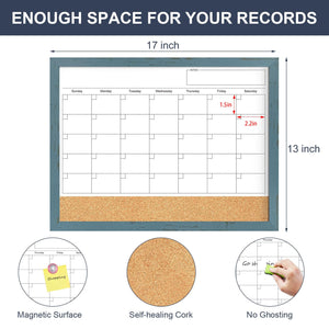 Whiteboard Calendar & Corkboard for Wall, 17x13 Inches Dry Erase Monthly Calendar with Wood Framed, Magnetic White Board Cork Board Combo, Bulletin Board for Home Office Kitchen Memo Planner