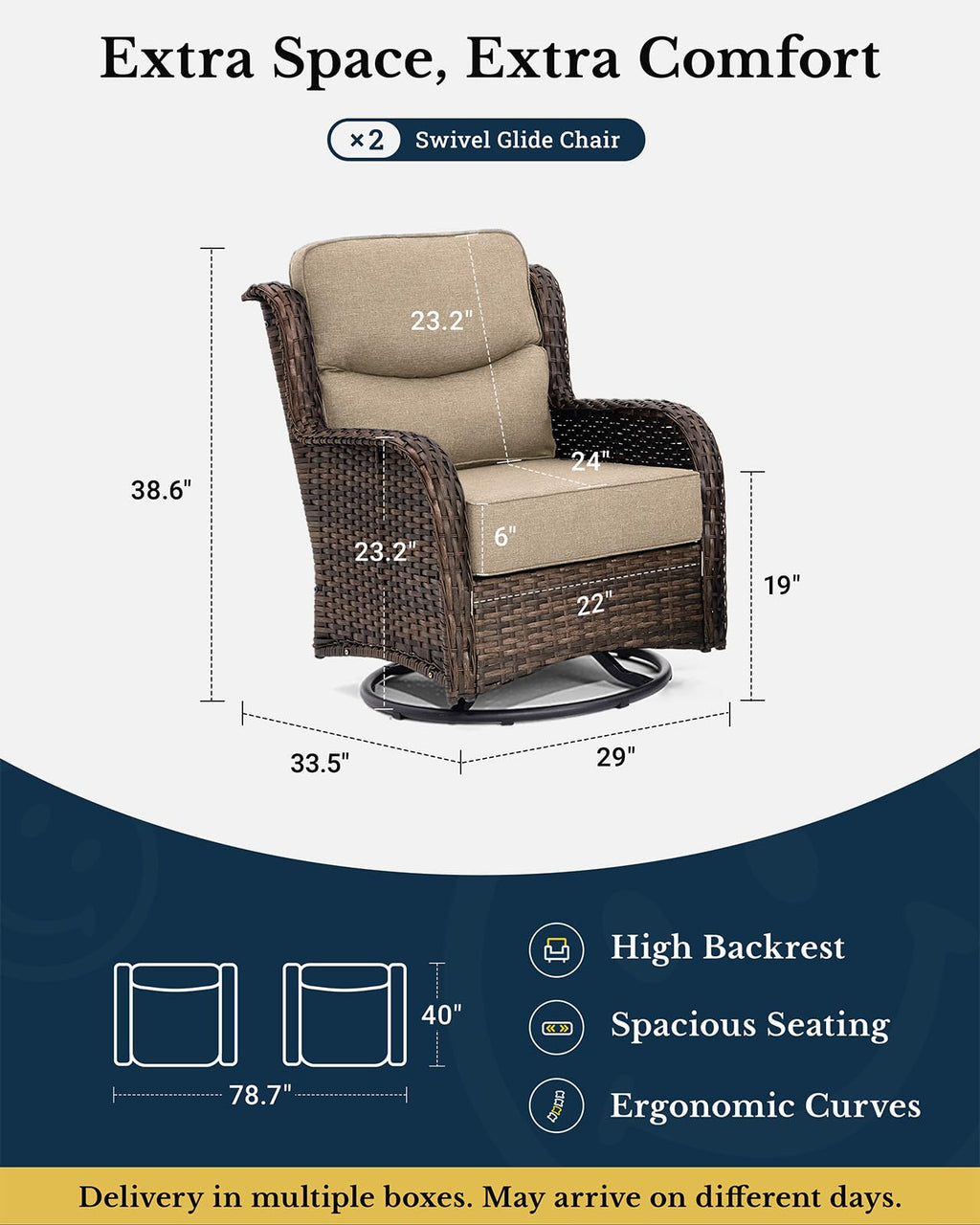 Luxury Patio Furniture Set with 6-inch Thick Cushion, Outdoor High Back Swivel Rocker Patio Chairs, 2PCS Wicker Conversation Set for Deck Yard and Poolside, Beige (V2)