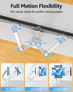 Dual Monitor Stand for Desk, Monitor Arms for 2 Monitors Max 32 Inches, Height Adjustable Double Monitor Mount, VESA Mount with C-Clamp & Grommet Base, Holds 4.4-17.6lbs, White