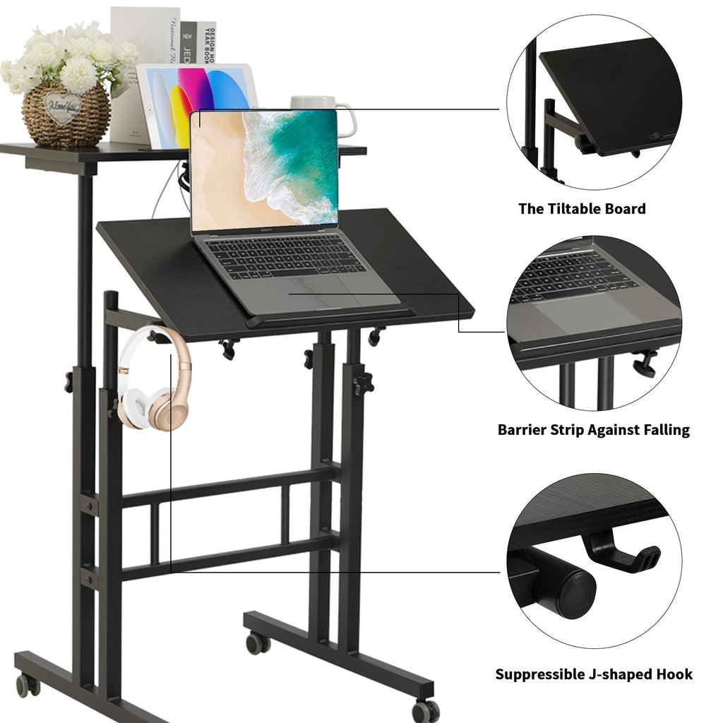 Mobile Standing Desk with Charging Station, Adjustable Standing Computer Desk, Standing Adjustable Laptop Cart with Wheels for Home Office Classroom Black