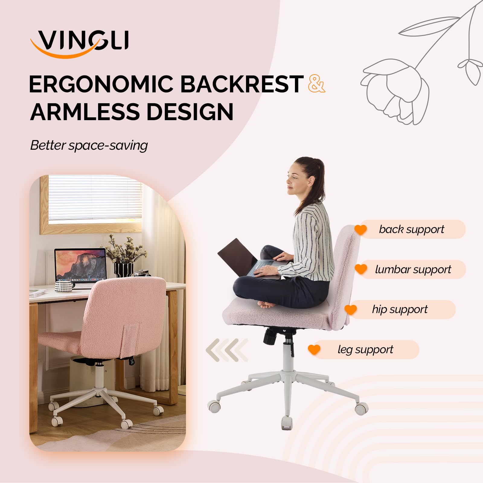 Criss Cross Legged Chair,Wide Comfy Office Desk Chair,Dual-Use with/no Wheels Computer Task Chair,Swivel Armless Vanity Boucle Chair for Study,Make Up,Home Office,Teddy Fleece,Pink
