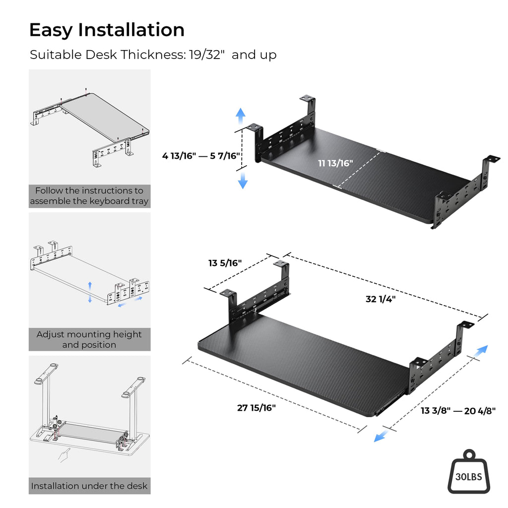 Adjustable Keyboard Tray Under Desk, 28x11 Inch Large Slide Out Keyboard & Mouse Platform Tray, Wooden Pull Out Computer Keyboard Drawer for Typing Home Office Desk, Black