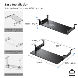 Adjustable Keyboard Tray Under Desk, 28x11 Inch Large Slide Out Keyboard & Mouse Platform Tray, Wooden Pull Out Computer Keyboard Drawer for Typing Home Office Desk, Black