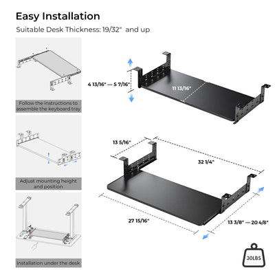 Adjustable Keyboard Tray Under Desk, 28x11 Inch Large Slide Out Keyboard & Mouse Platform Tray, Wooden Pull Out Computer Keyboard Drawer for Typing Home Office Desk, Black